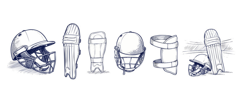 Cricket equipment protective gear set hand drawn sketch style featuring safety helmet pads shin guard and arm protector items for sports players vintage line art design isolated on a white background.
