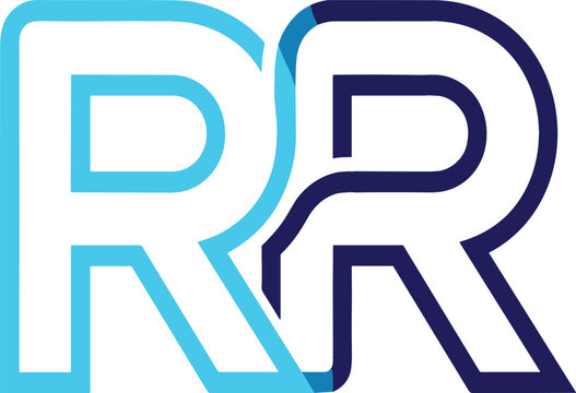 Modern typographic interlocking double letter RR vector logo design featuring overlapping cyan and dark blue linear contours.