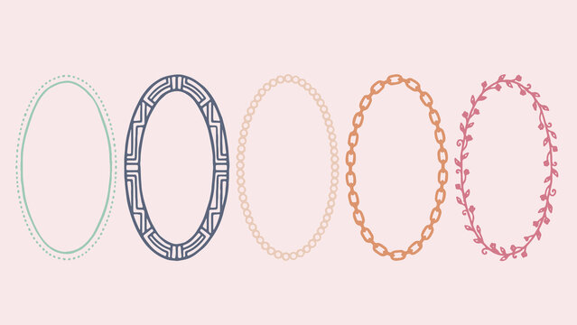 Decorative oval frames with dotted geometric pearl chain and vine borders arranged side by side on a soft pink background