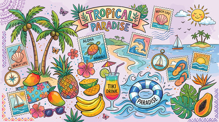Tropical Paradise summer vacation vector illustration, hand drawn beach elements with palm trees and exotic fruits, colorful travel stickers and tiki drink © Iconify Studio