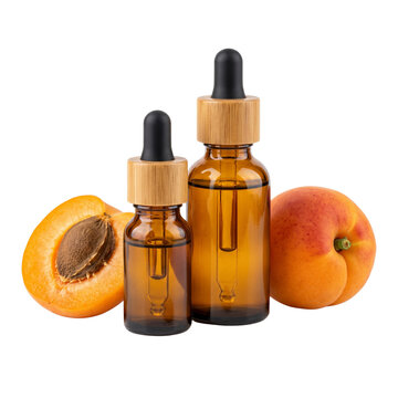 Apricot Kernel Oil Dropper Bottles with Fresh Apricots on White Background