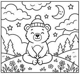 Charming black and white illustration of a meditating bear cub surrounded by clouds stars moon flowers and trees for coloring pages © MSTSHILPI