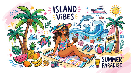 Island vibes summer paradise vector illustration, tropical beach vacation scene with woman and palm trees, hand drawn doodle art set © Iconify Studio