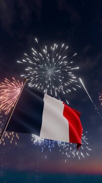 French Flag Waving at Night with Fireworks for bastille day