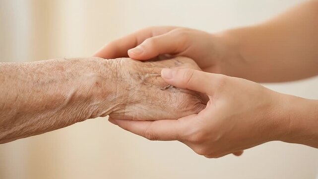 Caring hand holding elderly hand showing support compassion close up human connection skin age gentle care with soft neutral background empathy and understanding