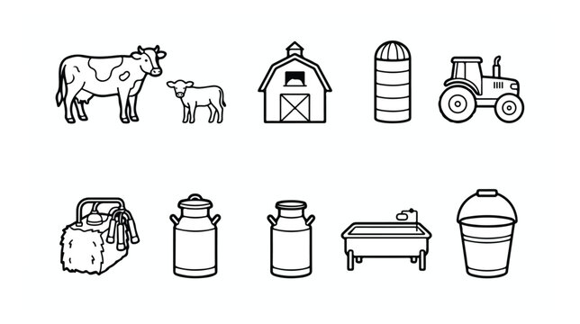 Minimalist dairy farm icon set, black and white agricultural vector illustrations, 10 farm life elements including cow, tractor, and barn