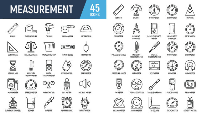 Measurement icons set, 45 linear vector symbols for scientific tools and measuring instruments, thin line technical equipment icons