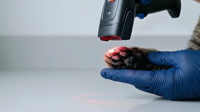 Cat paw scanned with handheld barcode scanner, veterinary healthcare technology, close up of animal paw and gloved hand, pet medical examination, modern animal care equipment in clinic