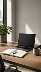 Fototapeta premium Clean Executive Desk With Laptop And Blank Notebook