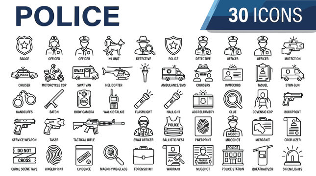 Police line icons set, 30 law enforcement vector symbols, professional security and emergency services outline collection for mobile apps and web design