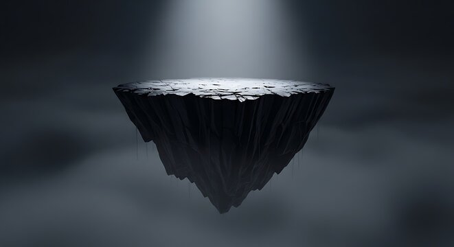 Floating rock platform illuminated by a spotlight in a dark foggy atmosphere.