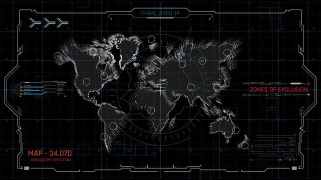 Radioactive Infection HUD World Map Interface with Nuclear Exclusion Zones