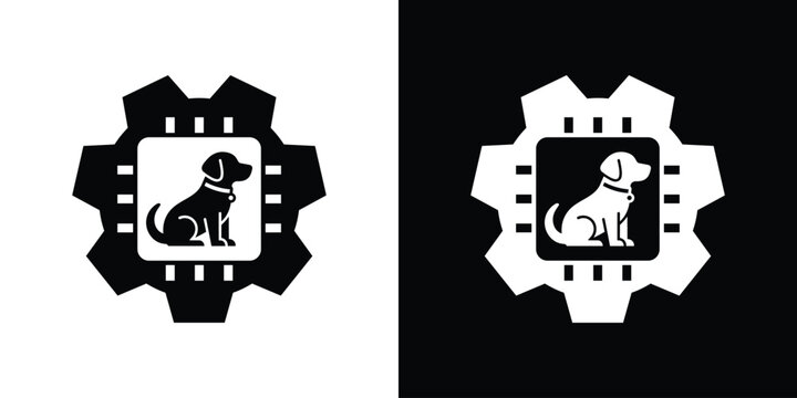Dog microchip logo icon vector set. Silhouette of a puppy inside a computer microchip processor and gear wheel graphic. Black and white background.