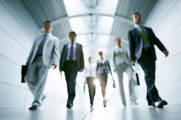 Fototapeta premium Business team walking in modern office corridor, employees moving forward with determination and purposeful steps