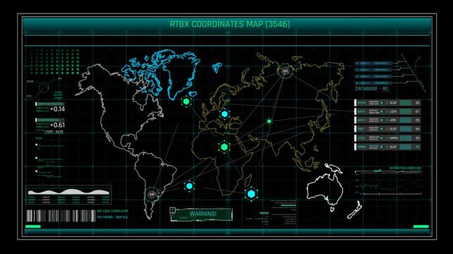 Futuristic World Map HUD Tactical Interface with Coordinates and Network Nodes