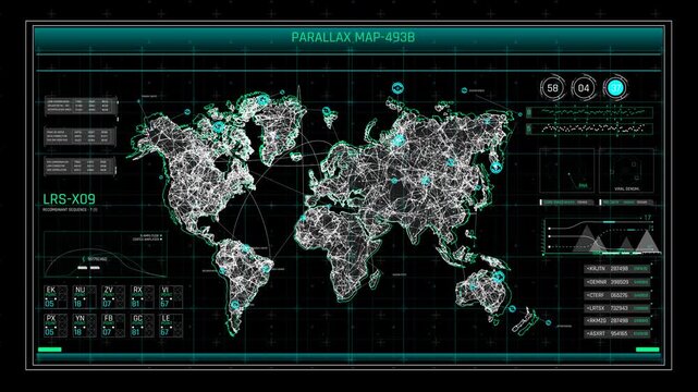 Sci-Fi World Map HUD Interface with Digital Plexus Network and Cyber Data Telemetry