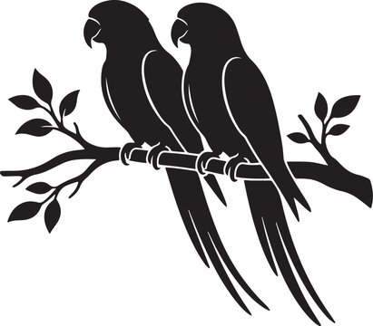 Two parrots perched on a branch black silhouette vector illustration