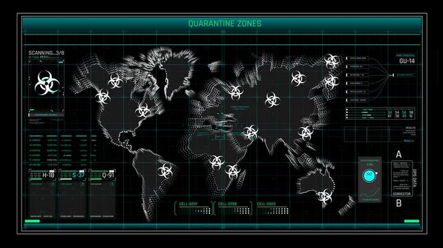Quarantine Zones HUD Interface with World Map and Biohazard Outbreak Monitoring