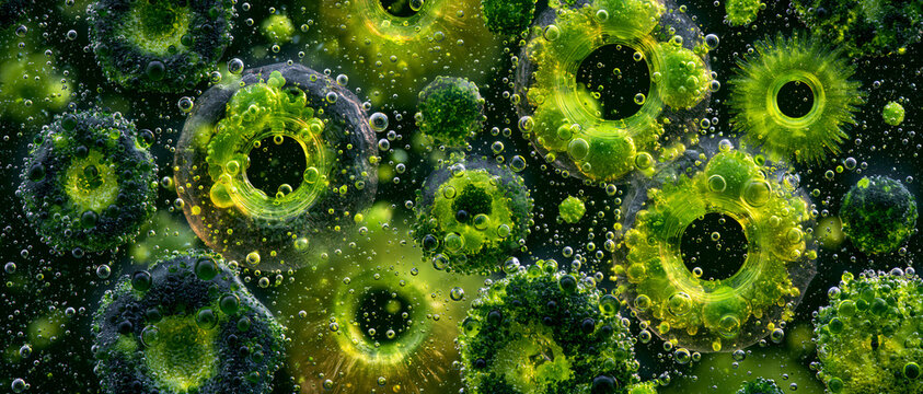 Magnified thousands of times under a microscope, view of vibrant glowing green microalgae cells and translucent organic circular structures