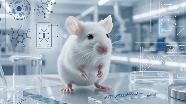 White laboratory mouse in biomedical research experiment with DNA molecular graphics, chemical formulas, and laboratory equipment symbolizing science and genetic biotechnology study progress
