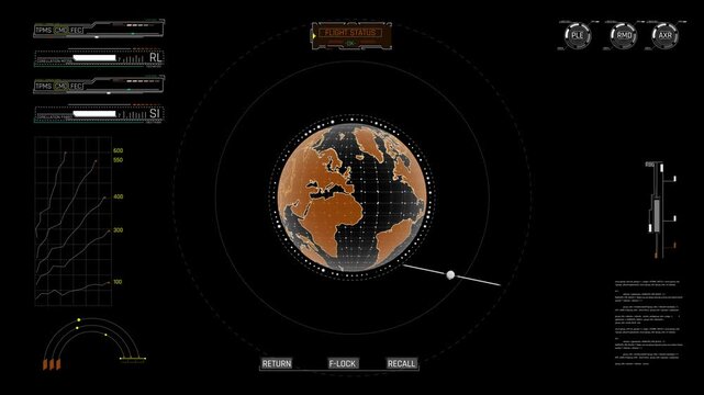 Futuristic HUD Flight Status Interface with Orbiting Satellite and 3D Orange Earth Globe