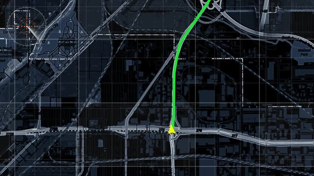 Tactical GPS City Map HUD Interface with Highway Route Tracking and Navigation