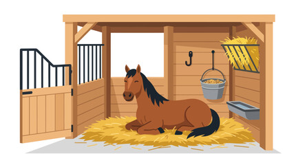 Brown horse resting in a wooden stable stall. © bogel