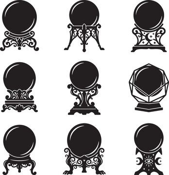 Mystical crystal ball vector set, 9 magic glass sphere icons on ornate stands, gothic fortune telling equipment for divination and witchcraft