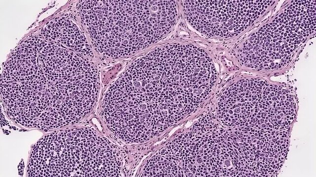 Microscopic stained tissue cell patterns reveal detailed biological structure and connective tissue in purple and pink hues highlighting intricate cellular organization and complexity
