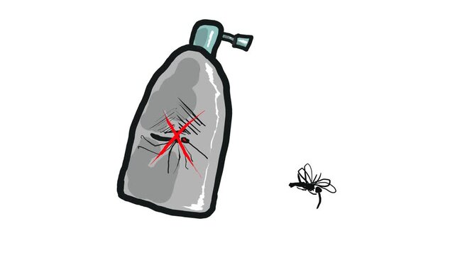 A harmful insect or mosquito flies in the air until the winged creature is sprayed with a fumigant from a can.
