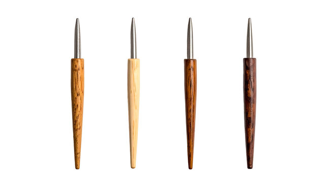 Four wooden handled awls with metal tips displayed against black ground