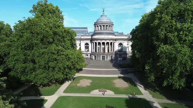 Aerial Slow Forward Towards Art and History Museum Cinquantenaire Park Brussels