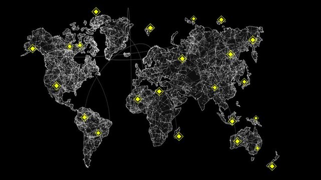 Digital World Map Global Network Connection with HUD Yellow Tracking Points