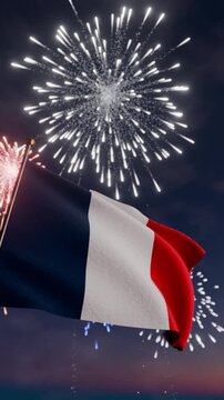 French Flag Waving During Bastille Day Fireworks at Night