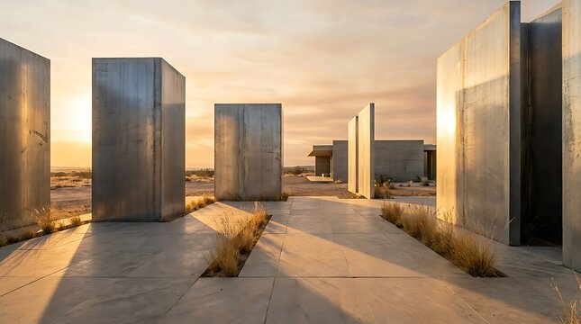 Monumental metal monoliths standing in desert landscape at sunset creating dramatic shadows on concrete path near modern building during golden hour of daylight.