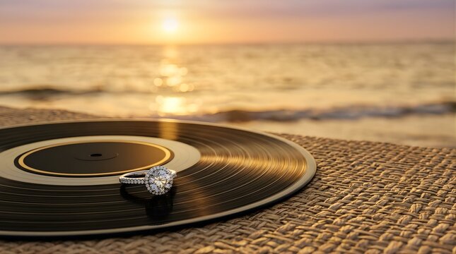 Diamond engagement ring on a vinyl record at the beach during sunset