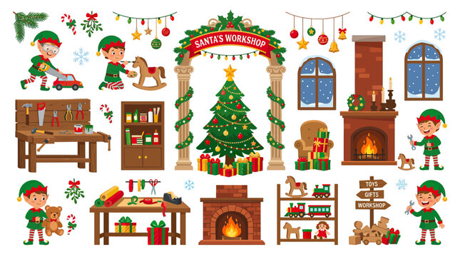 Santa's Workshop Christmas Scene: Elves, Gifts, Tree, Fireplace & Toys
