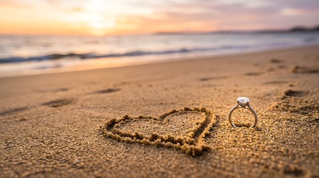 Diamond engagement ring with a heart drawn in the sand on a beach at sunset