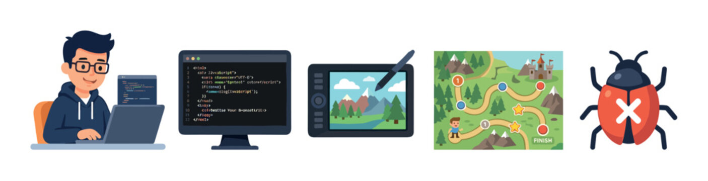 Digital creation and development concepts are illustrated in this comprehensive collection of programming, design, gaming, and debugging elements.