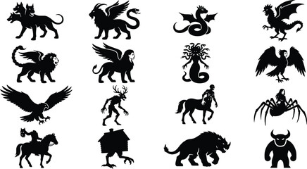 Mythical creature silhouette collection including cerberus medusa centaur harpy and various monsters. © Fazla Rabbi