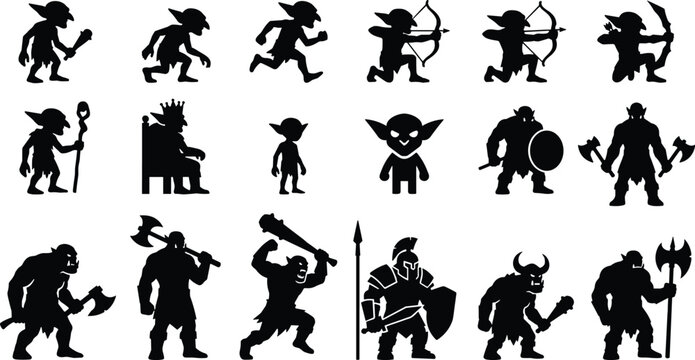 Goblin and orc creature silhouettes set for fantasy game assets with weapons armor king characters.