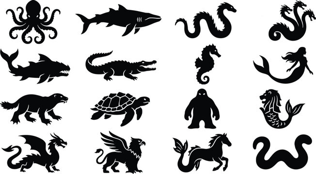 Sea monster and aquatic creature silhouette collection with kraken shark mermaid and mythical beasts.