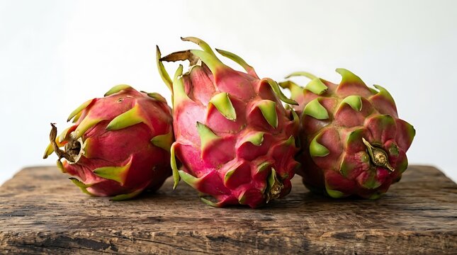 Three fresh pitaya dragon fruits on a rustic wooden board