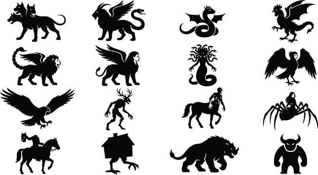 Mythical creature silhouette collection including cerberus medusa centaur harpy and various monsters.