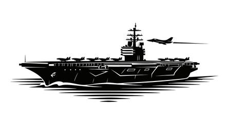Detailed vector illustration design of a powerful military naval aircraft carrier warship cruising on the ocean with a fighter jet overhead © Purnomo Semlirick