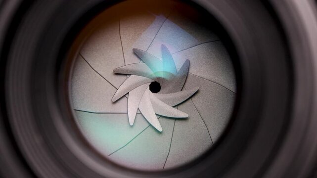 Close-up macro shot of a camera lens aperture smoothly opening from a narrow to a wide setting, revealing the precision of optical mechanics