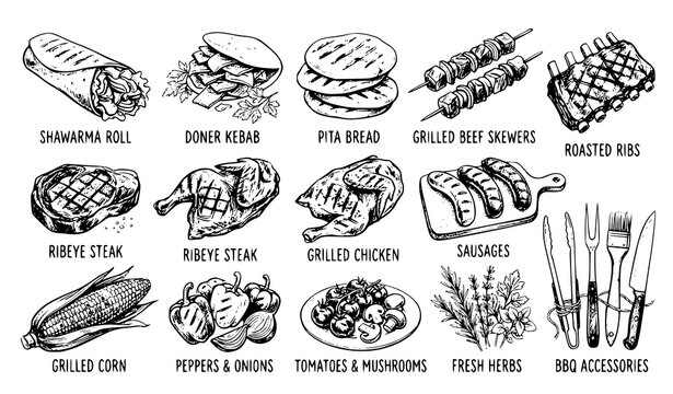 Vintage Hand Drawn Barbecue Grill Food Vector Illustration Set with Shawarma Doner Kebab Steak Ribs and Grilled Vegetables