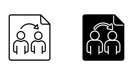 Fototapeta premium Document Transfer: Two icons representing document transfer between people, one in outline and one in silhouette, symbolizing data sharing and communication.