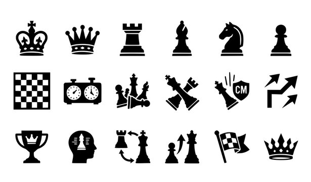 Chess Silhouette Vector Icon Set King Queen Knight Rook Bishop Pawn Chessboard Strategy Symbols Isolated on White Background