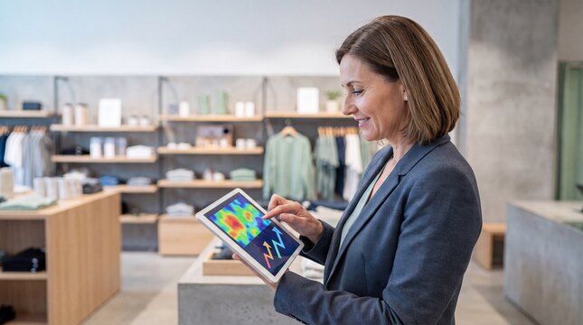 Smiling businesswoman analyzing retail data on a digital tablet, modern store interior. Female manager optimizing sales with technology, customer behavior insights, and business analytics.